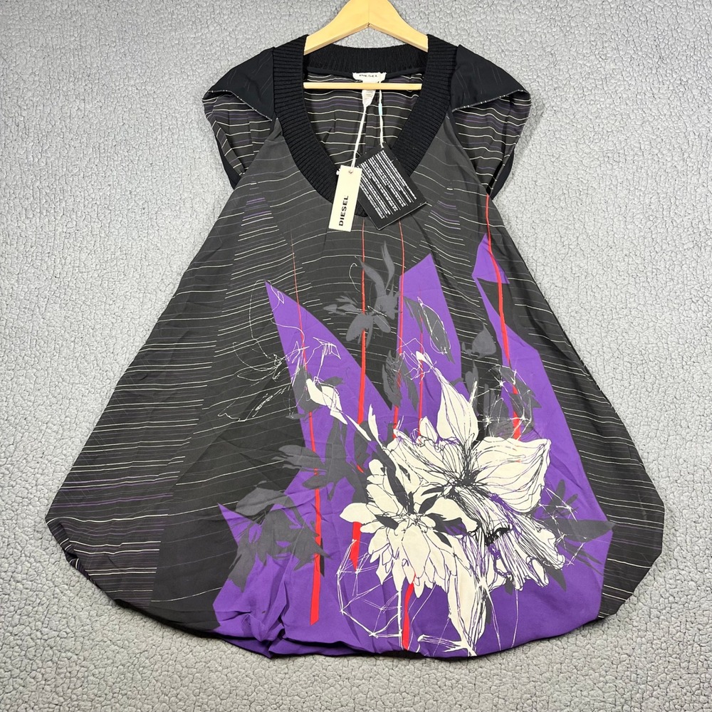 Diesel Mini Dress Women XXS Floral Graphic Bubble Hem V-Neck Purple Y2K Indie